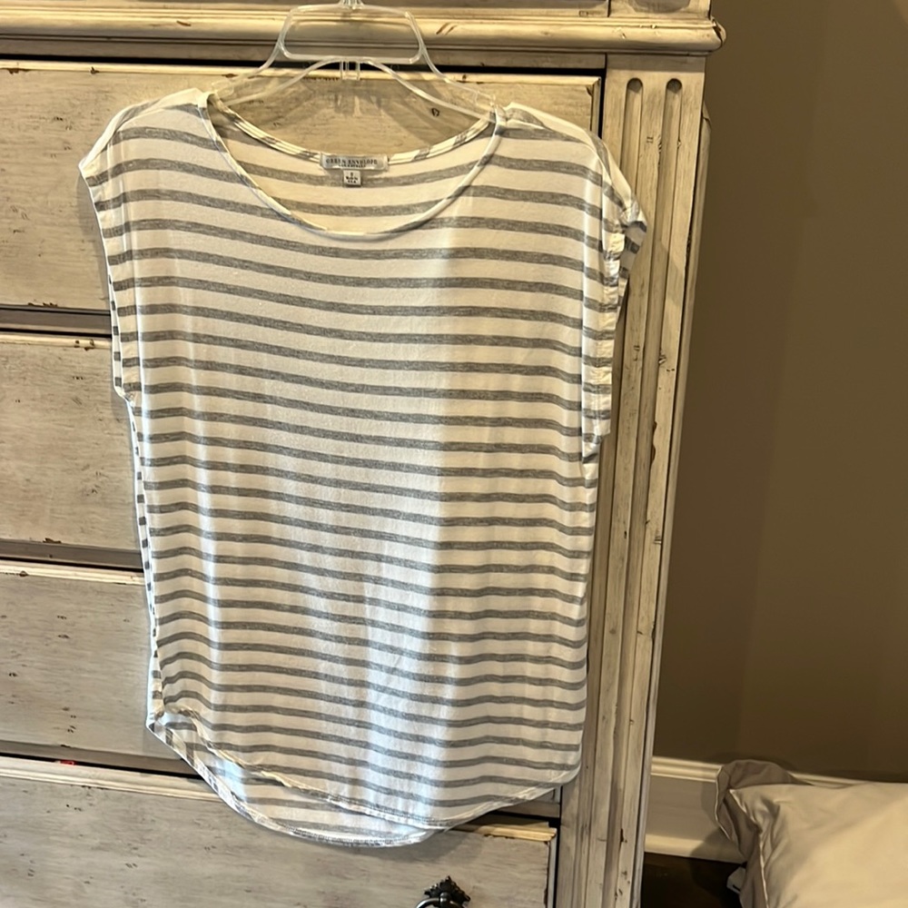 Green Envelope grey stripe shirt. Size small